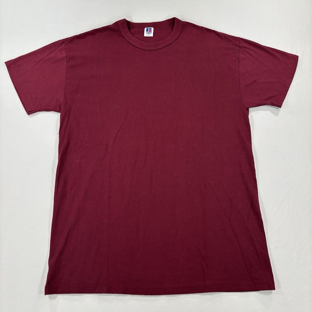Vintage Russell Athletic Blank Plain T-Shirt Maroon Mens Large 90’s Made In USA
